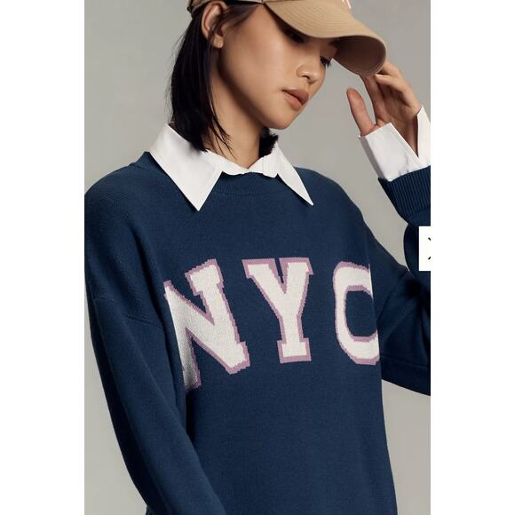 Maeve Anthropologie Graphic Twofer Sweater NYC Oversized Blue Size Large NWT - Picture 1 of 7